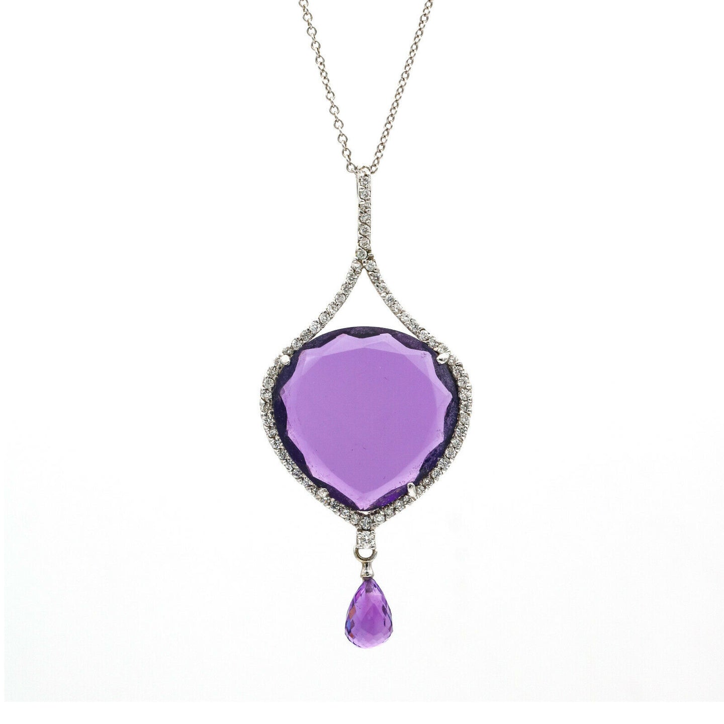 Women's Amethyst and Diamond Pendulum Pendant Necklace in 14k White Gold