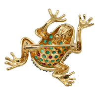 Emerald Ruby and Diamond Frog Brooch in 18k Yellow Gold