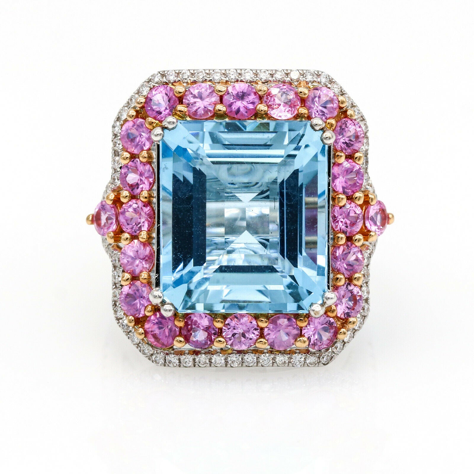 Aquamarine and Pink Sapphire Statement Ring in 18k White Gold