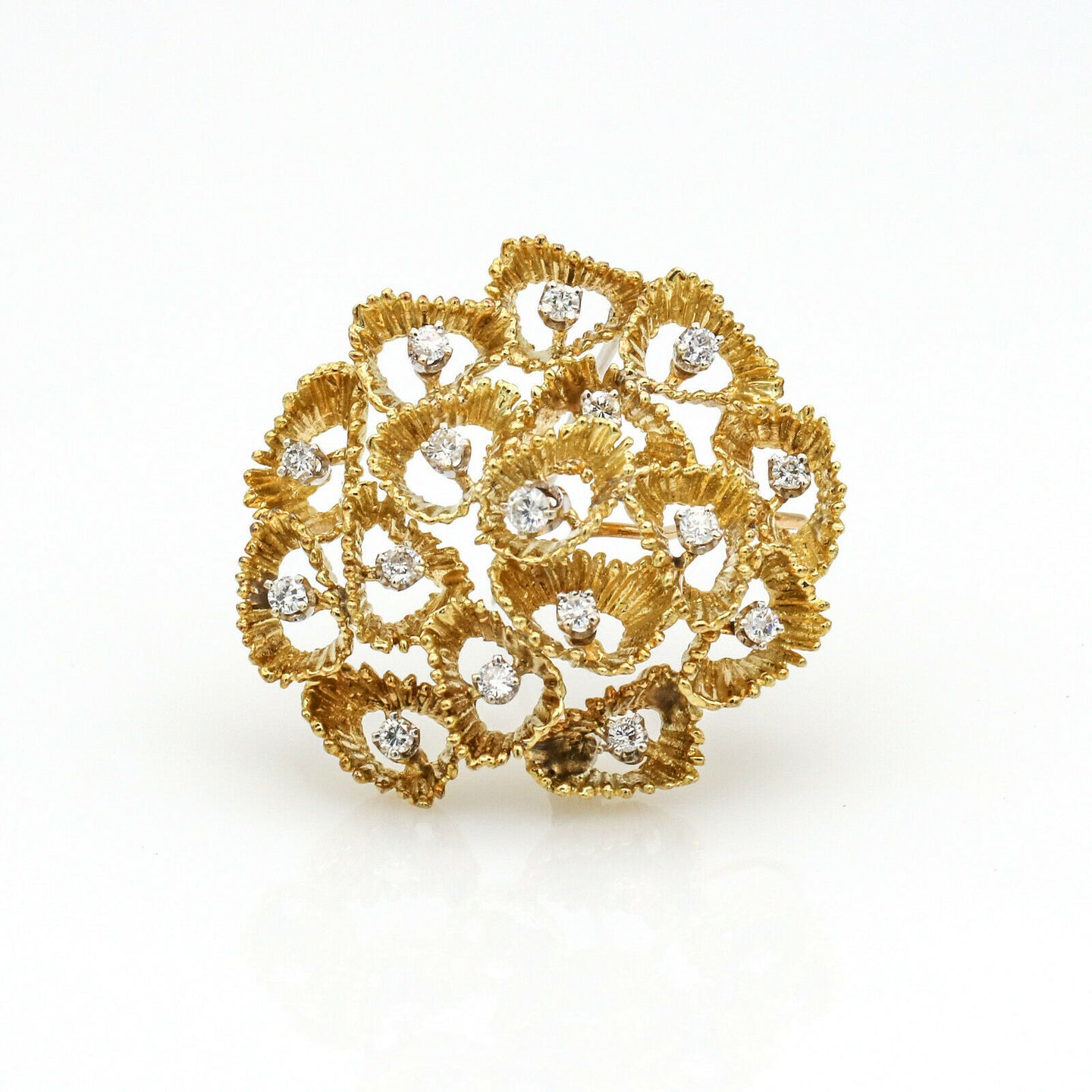 Diamond Candy Cane Coral Brooch in 14k Yellow Gold