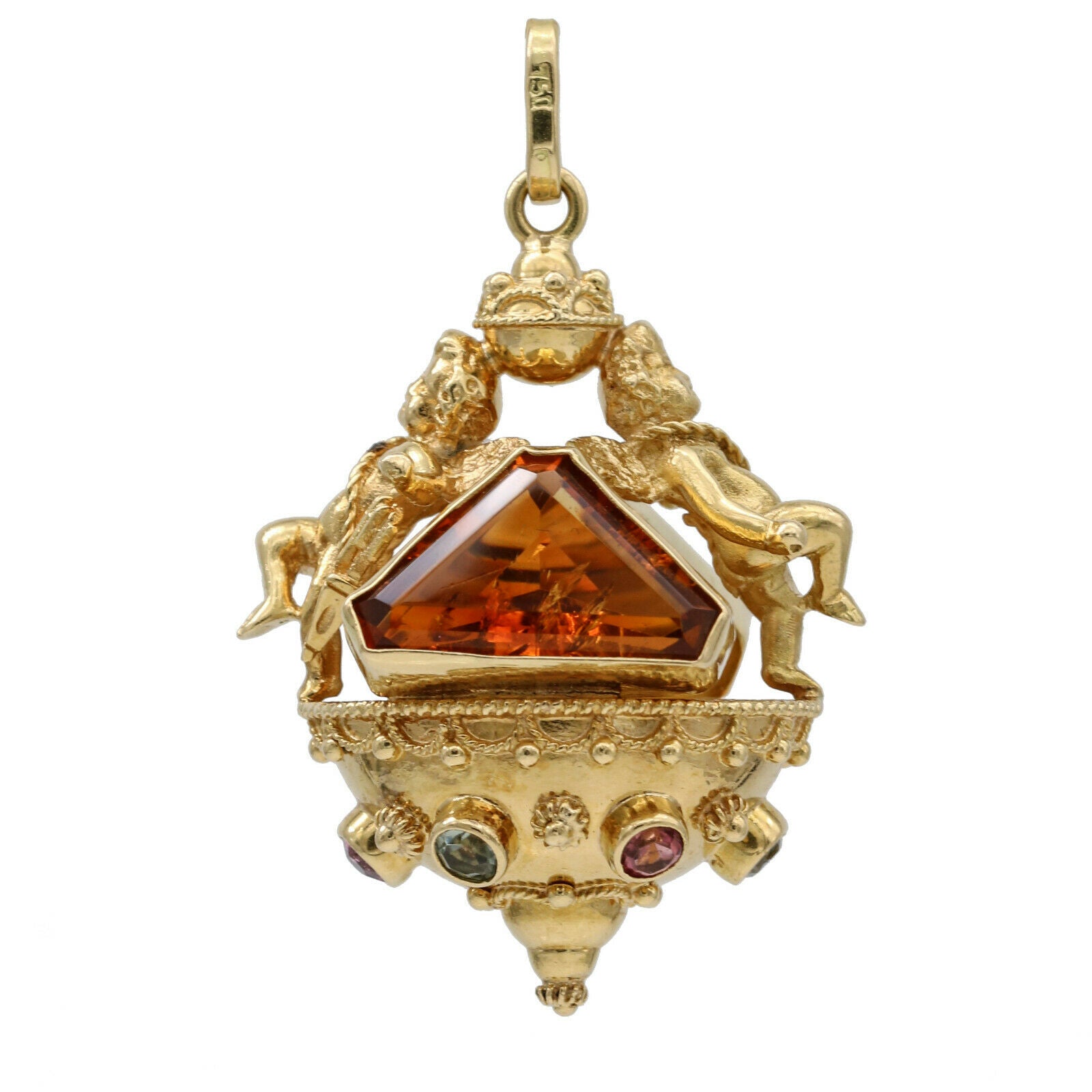 Cupid Etruscan Charm Pendant with Gemstones in 18k Yellow Gold