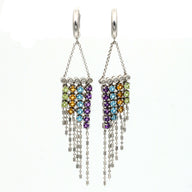 Diamond and Gemstone Drop Dangle Earrings in 14k White Gold Designer Signed