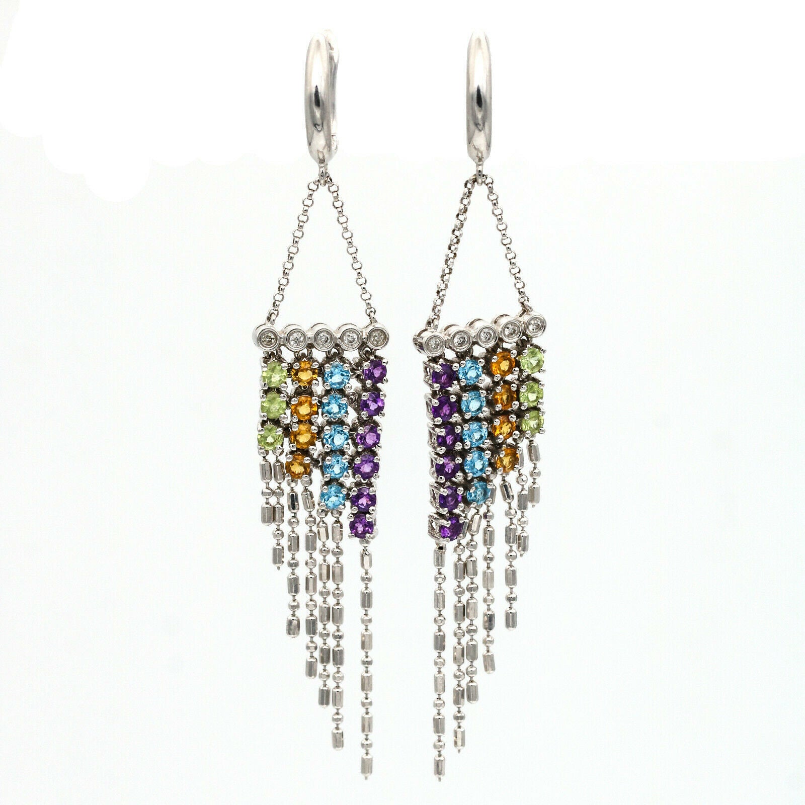 Diamond and Gemstone Drop Dangle Earrings in 14k White Gold Designer Signed