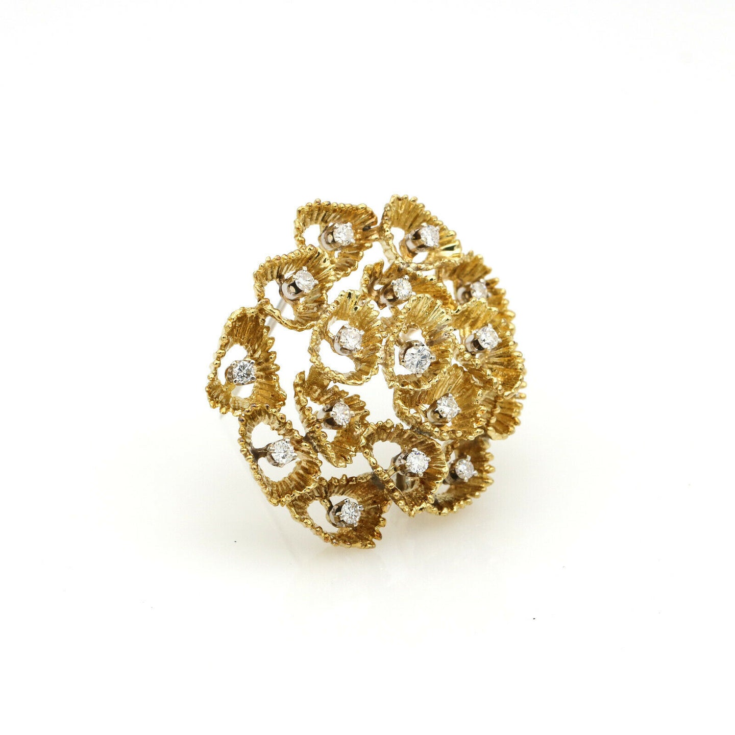 Diamond Candy Cane Coral Brooch in 14k Yellow Gold