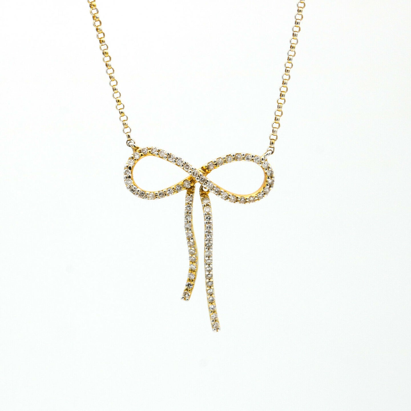 Contemporary 14K Yellow Gold Women's Diamond Infinity Bow Necklace Signed DD