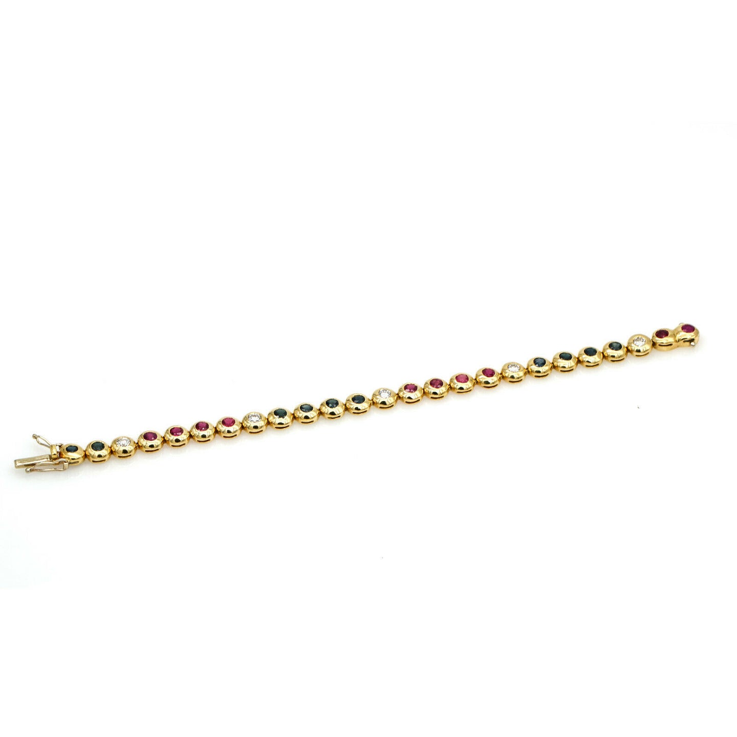 Round Link Bezel Set Sapphire Ruby Diamond Tennis Bracelet in 18k Yellow Gold