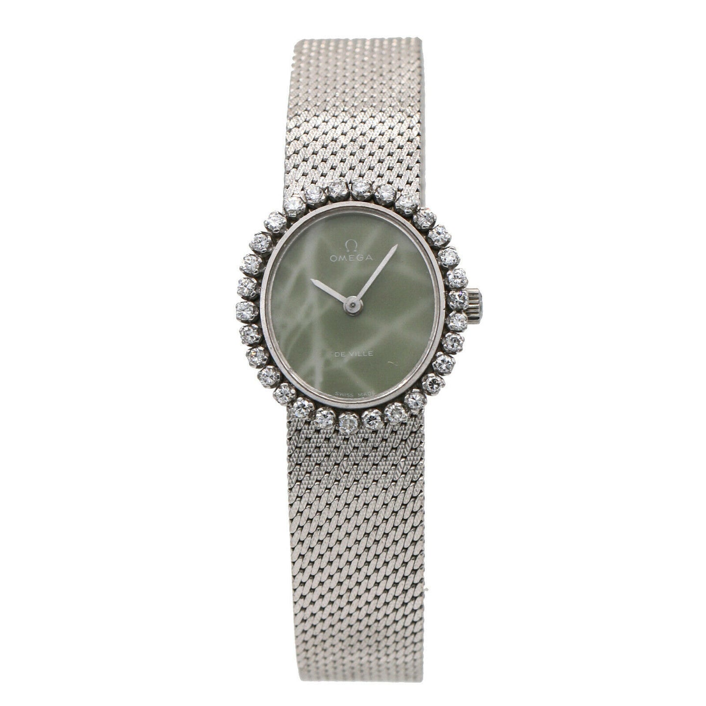 Vintage Ladies Omega 18k White Gold Diamond Watch with Green Marble Dial