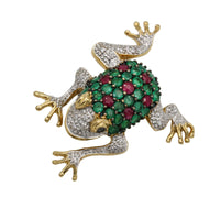 Emerald Ruby and Diamond Frog Brooch in 18k Yellow Gold