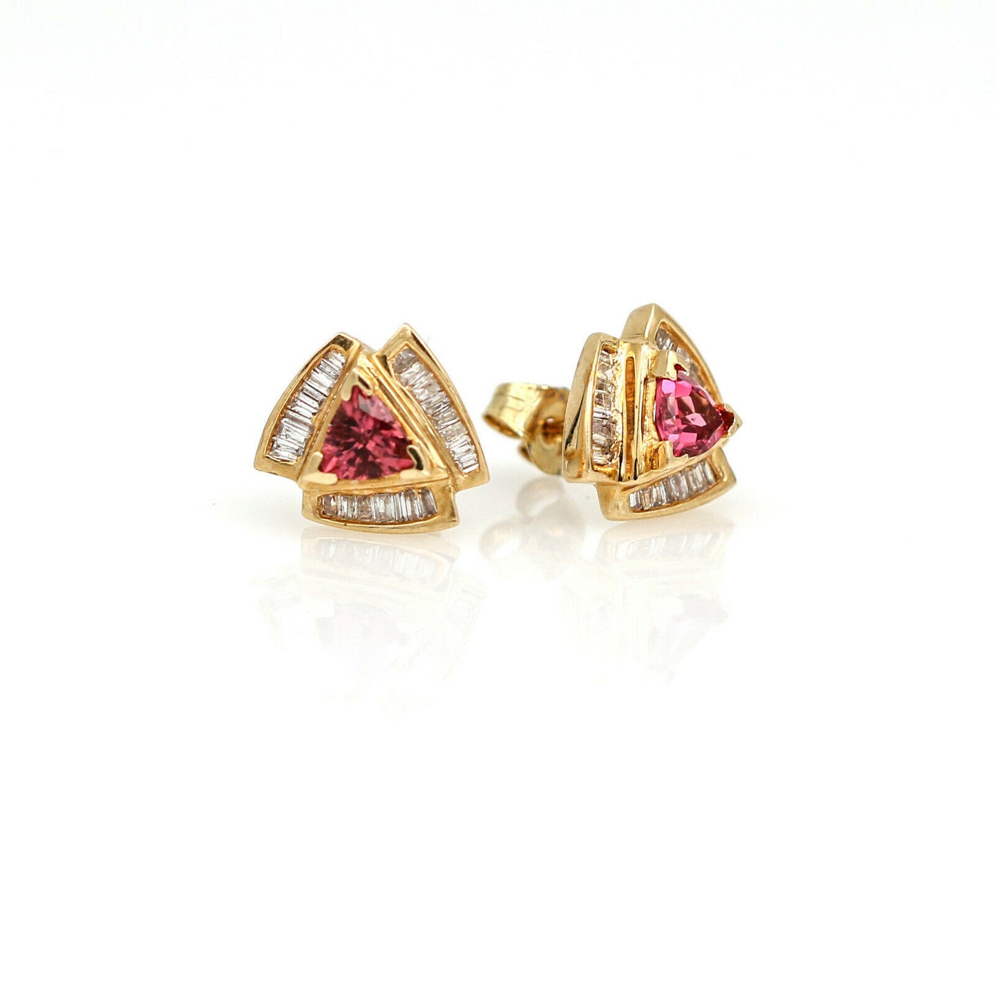 Trillion Pink Topaz and Diamond Retro Stud Earrings in 14k Yellow Gold