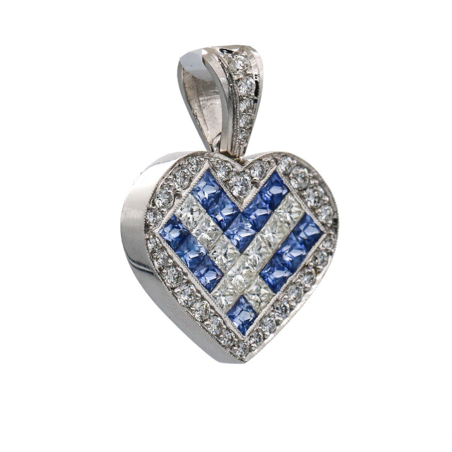 Women's Diamond and Sapphire Heart Pendant in 18k White Gold
