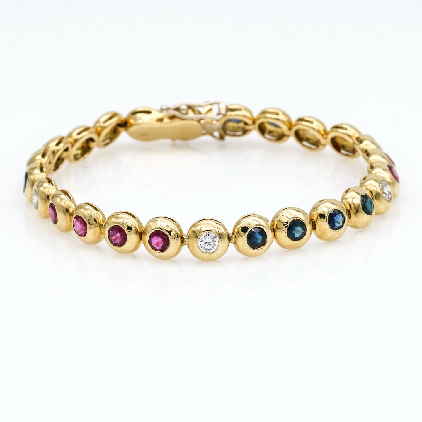 Round Link Bezel Set Sapphire Ruby Diamond Tennis Bracelet in 18k Yellow Gold