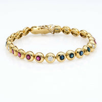 Round Link Bezel Set Sapphire Ruby Diamond Tennis Bracelet in 18k Yellow Gold