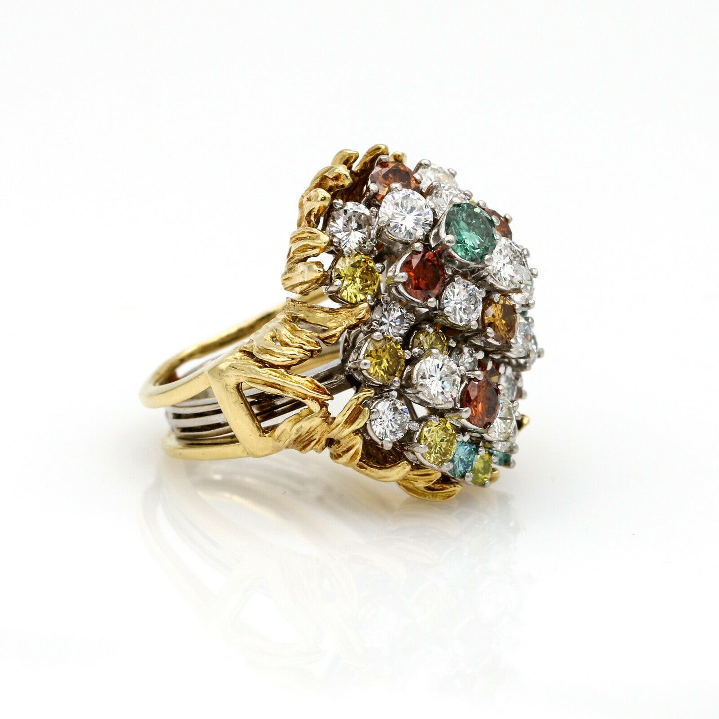 Fancy Colored Diamond Cluster Ring with Textured Gold Enhancer Platinum 18k
