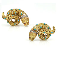 Lions Head Serpent Body Statement Earrings in 18k Yellow Gold with Turquoise