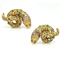 Lions Head Serpent Body Statement Earrings in 18k Yellow Gold with Turquoise