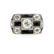 Art Deco Diamond Onyx Checkerboard Cocktail Ring in Platinum ( 3.20 ct tw )