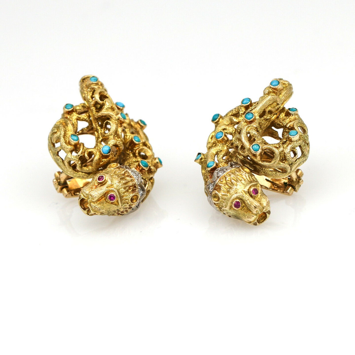 Lions Head Serpent Body Statement Earrings in 18k Yellow Gold with Turquoise