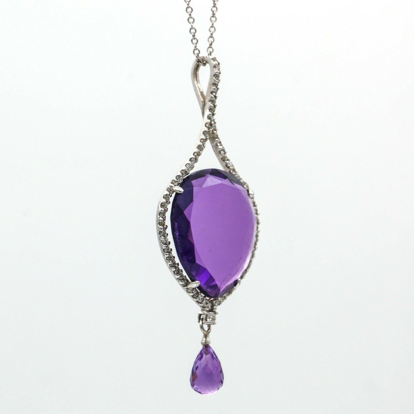 Women's Amethyst and Diamond Pendulum Pendant Necklace in 14k White Gold