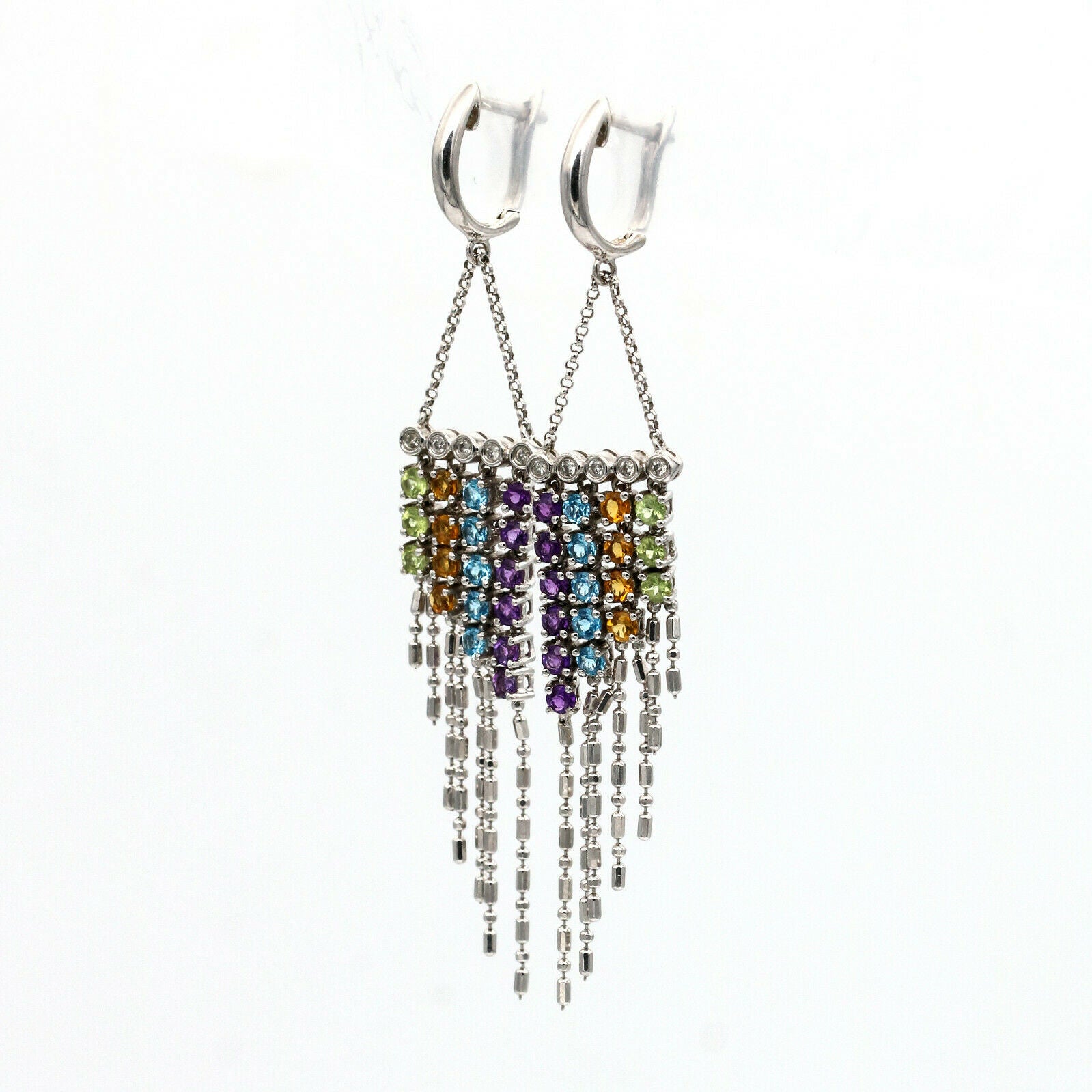 Diamond and Gemstone Drop Dangle Earrings in 14k White Gold Designer Signed