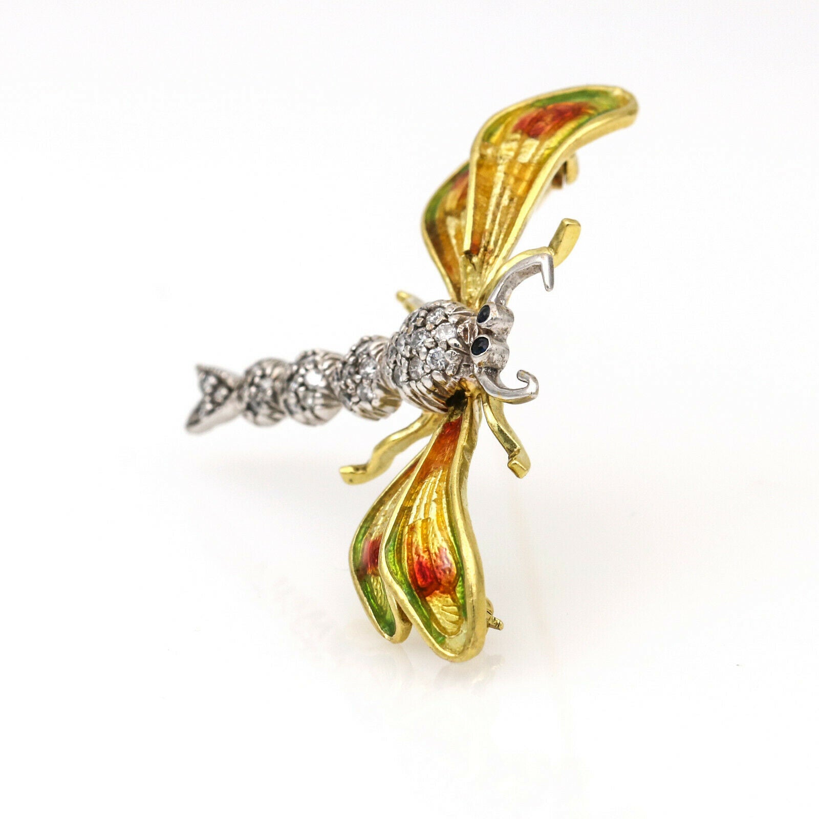 Dragonfly Brooch with Enamel and Diamonds in 18k Yellow White Gold
