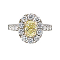 Oval Fancy Yellow Diamond Halo Engagement Ring in 18k White Gold