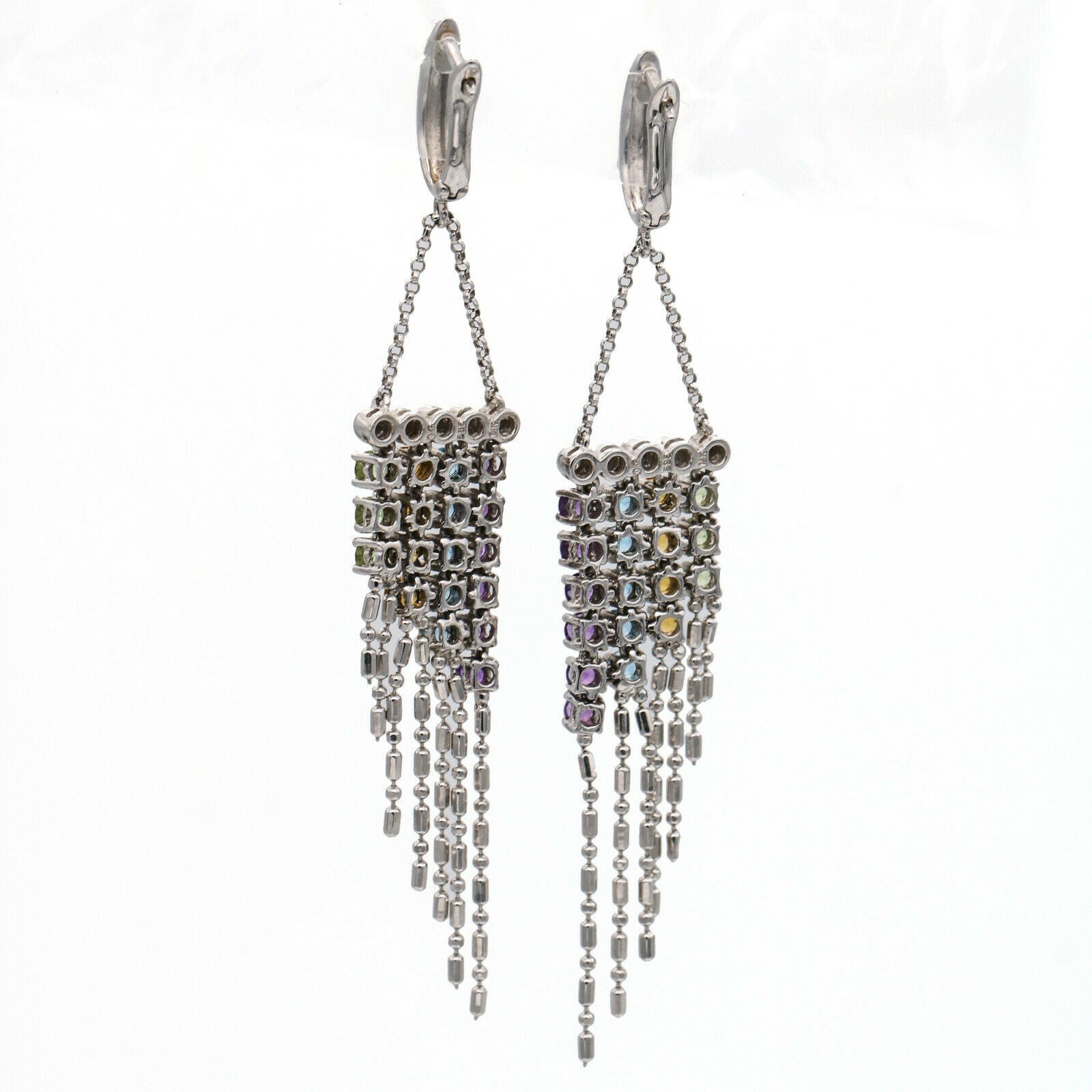 Diamond and Gemstone Drop Dangle Earrings in 14k White Gold Designer Signed