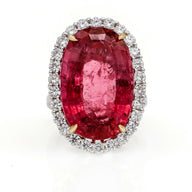 24.82 Ct Oval Pink Tourmaline Diamond Halo Statement Ring in 18k White Gold