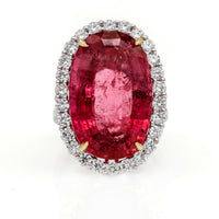 24.82 Ct Oval Pink Tourmaline Diamond Halo Statement Ring in 18k White Gold