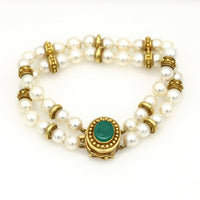 Green Onyx Intaglio Double Strand Pearl Bracelet in 18k Yellow Gold