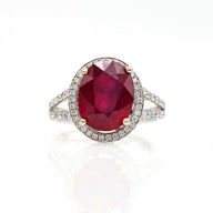 6.26 ct Ruby and Diamond Halo Engagement Ring in 18k White Gold
