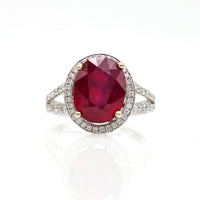 6.26 ct Ruby and Diamond Halo Engagement Ring in 18k White Gold