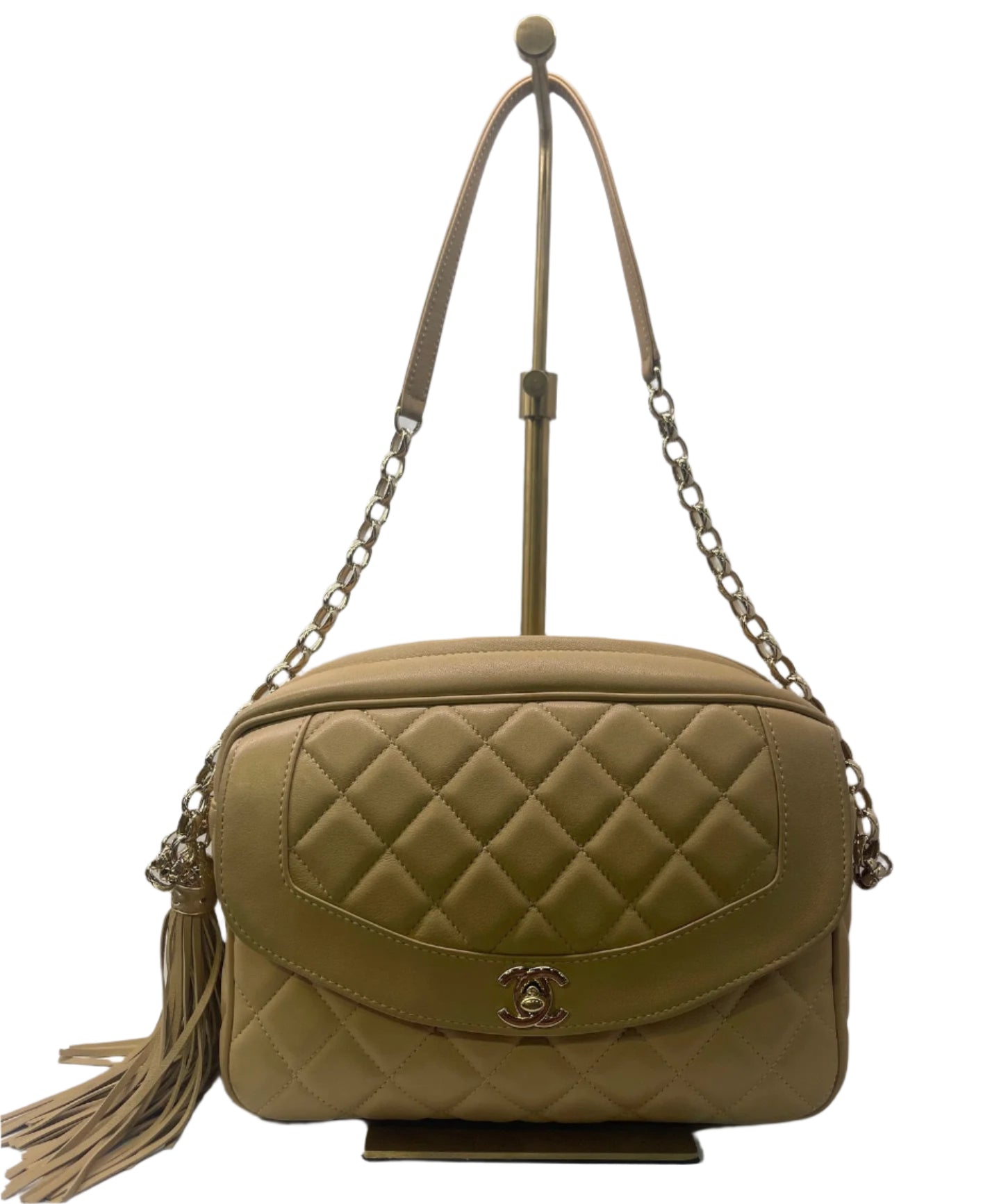 Chanel Beige Quilted Lambskin Camera Case Pale Gold Hardware