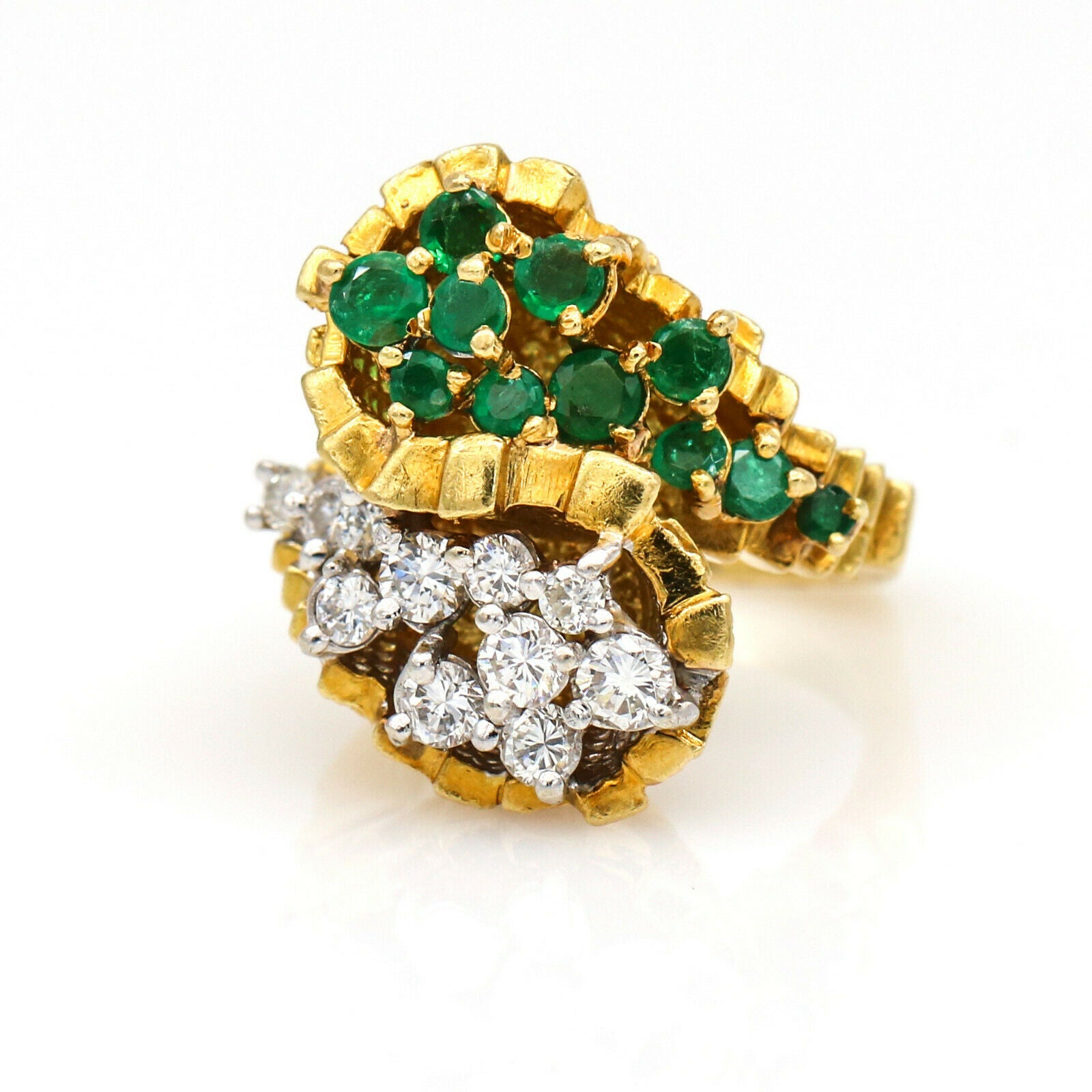 Diamond and Emerald Statement Bypass Ring in 18k Yellow Gold Signed