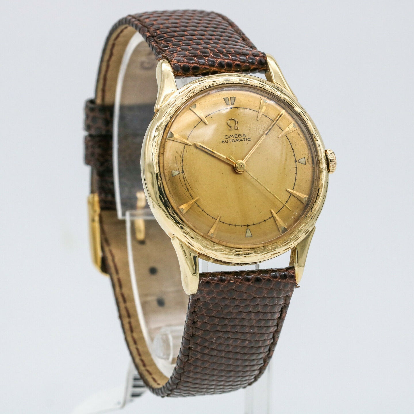Omega 14k Yellow Gold Vintage Automatic Men's Watch with Textured Bezel Screw Ba
