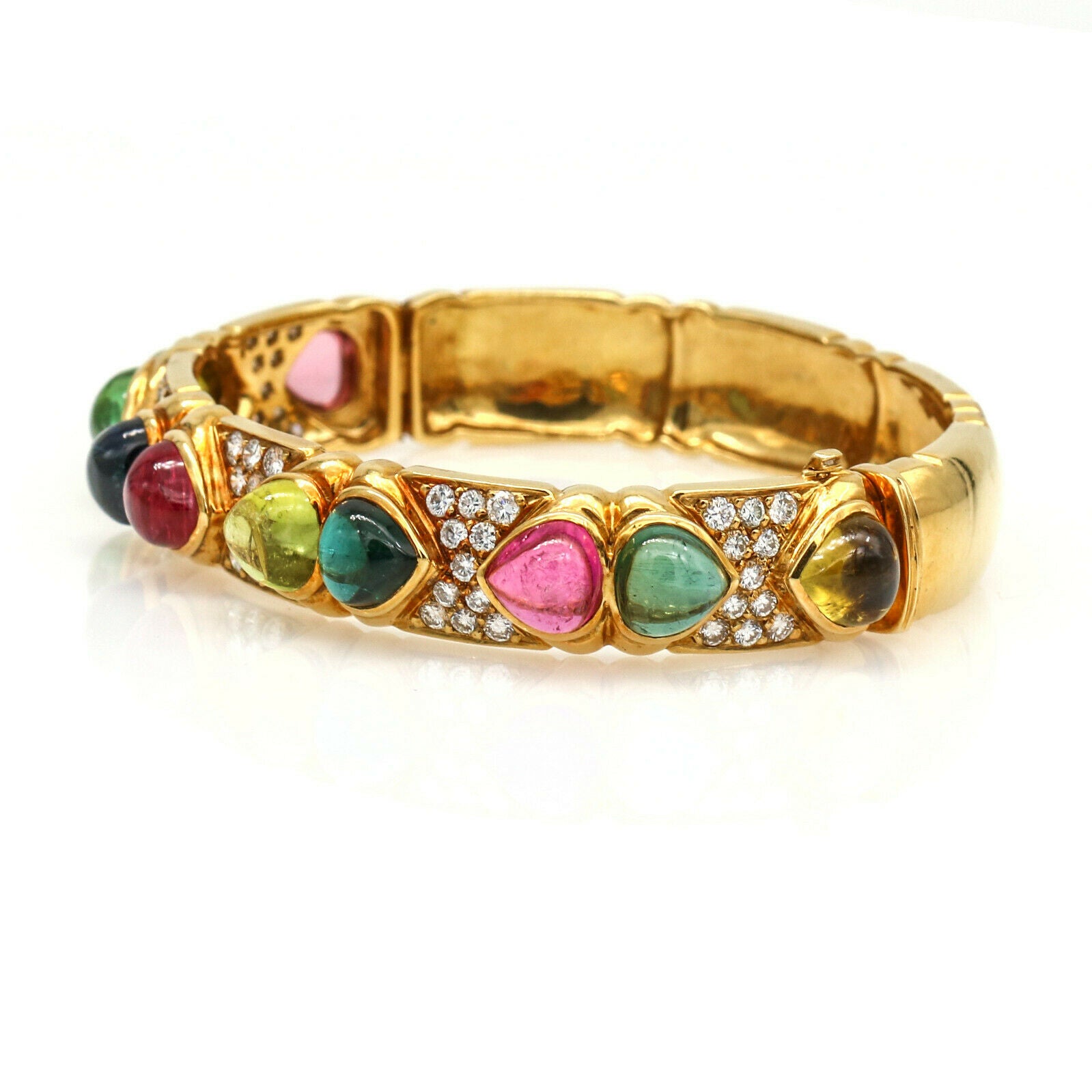 Signed Colorful Tourmaline and Diamond Hinged Bangle Bracelet in 18k Yellow Gold