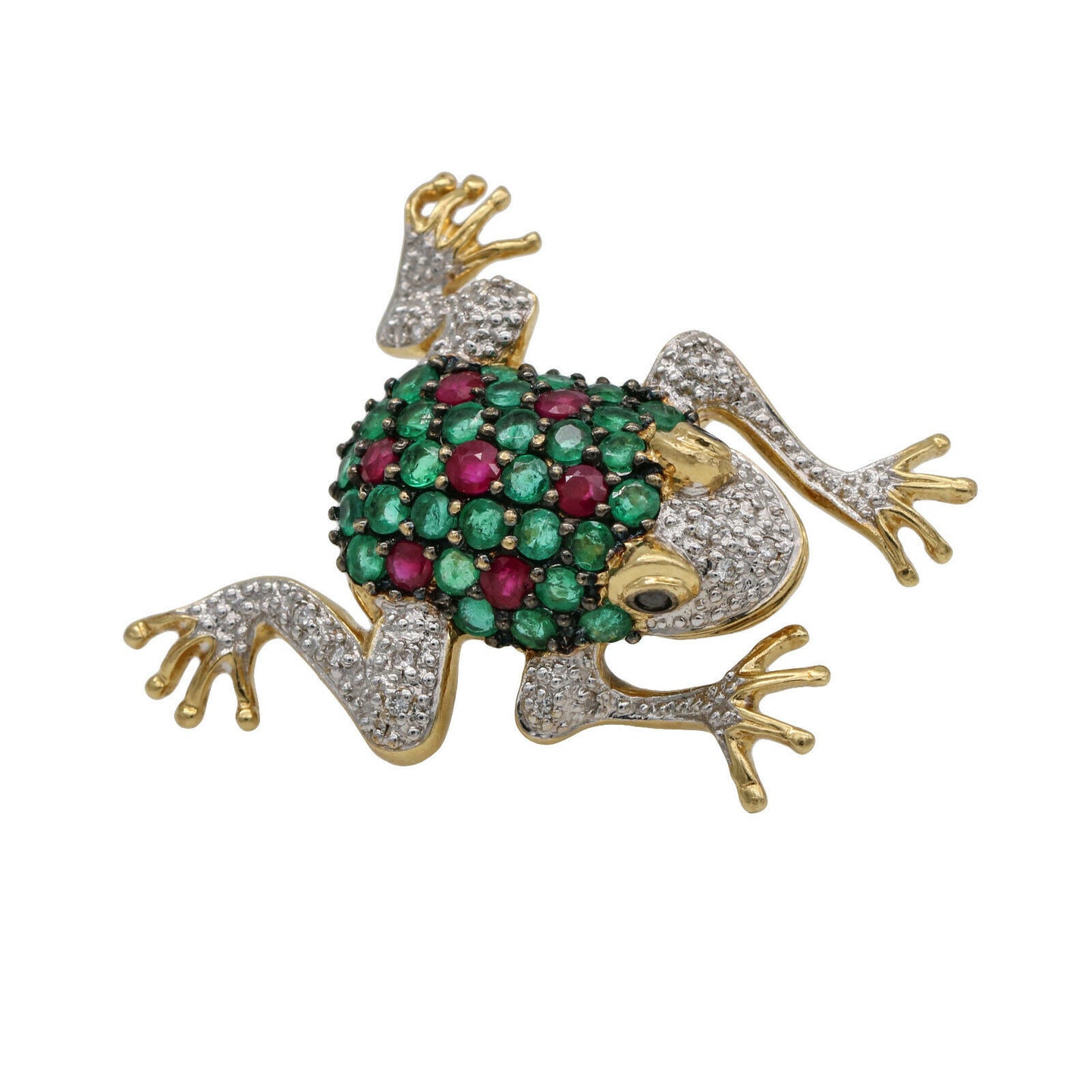 Emerald Ruby and Diamond Frog Brooch in 18k Yellow Gold