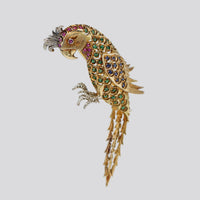 Sapphire Emerald Ruby Vintage Parrot Brooch in 18k Yellow Gold
