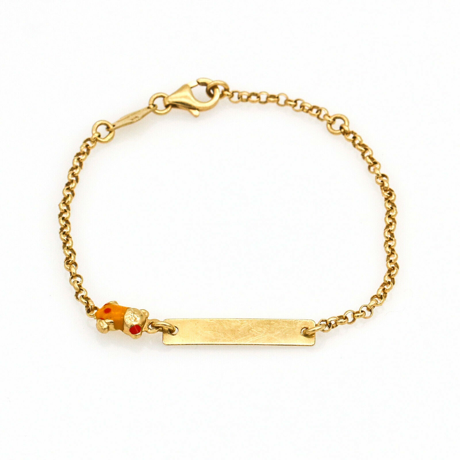 Baby Teddy Bear ID Name Tag Bracelet in 14k Yellow Gold Italian Designer Signed