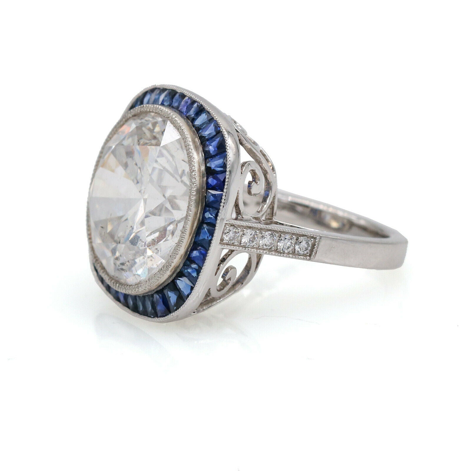 16.6 Ct EGL Certified Round Diamond Blue Sapphire Engagement Ring in Platinum