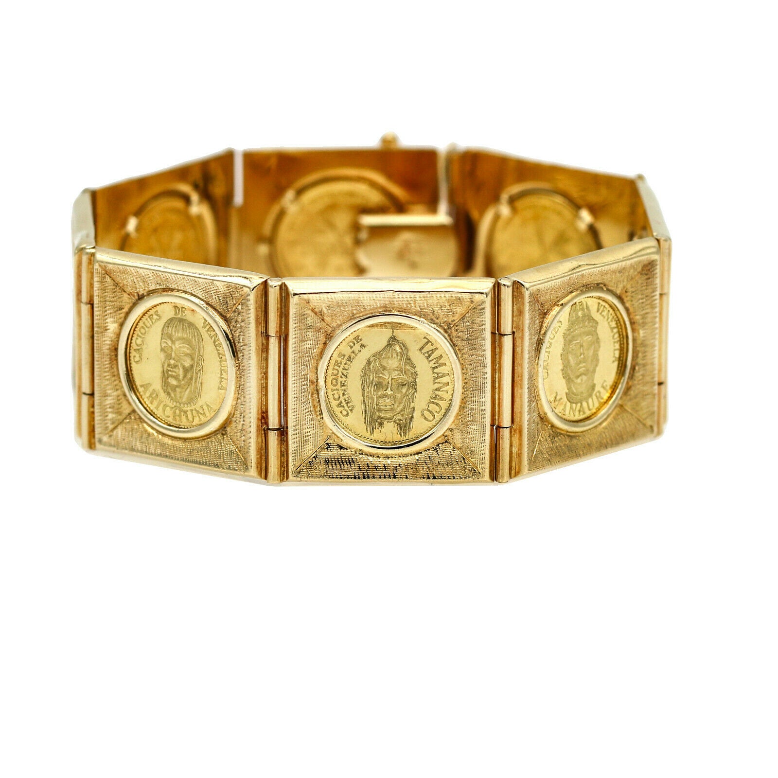 1950s Venezuelan Cacique Coins Link Bracelet in 18k 24k Yellow Gold