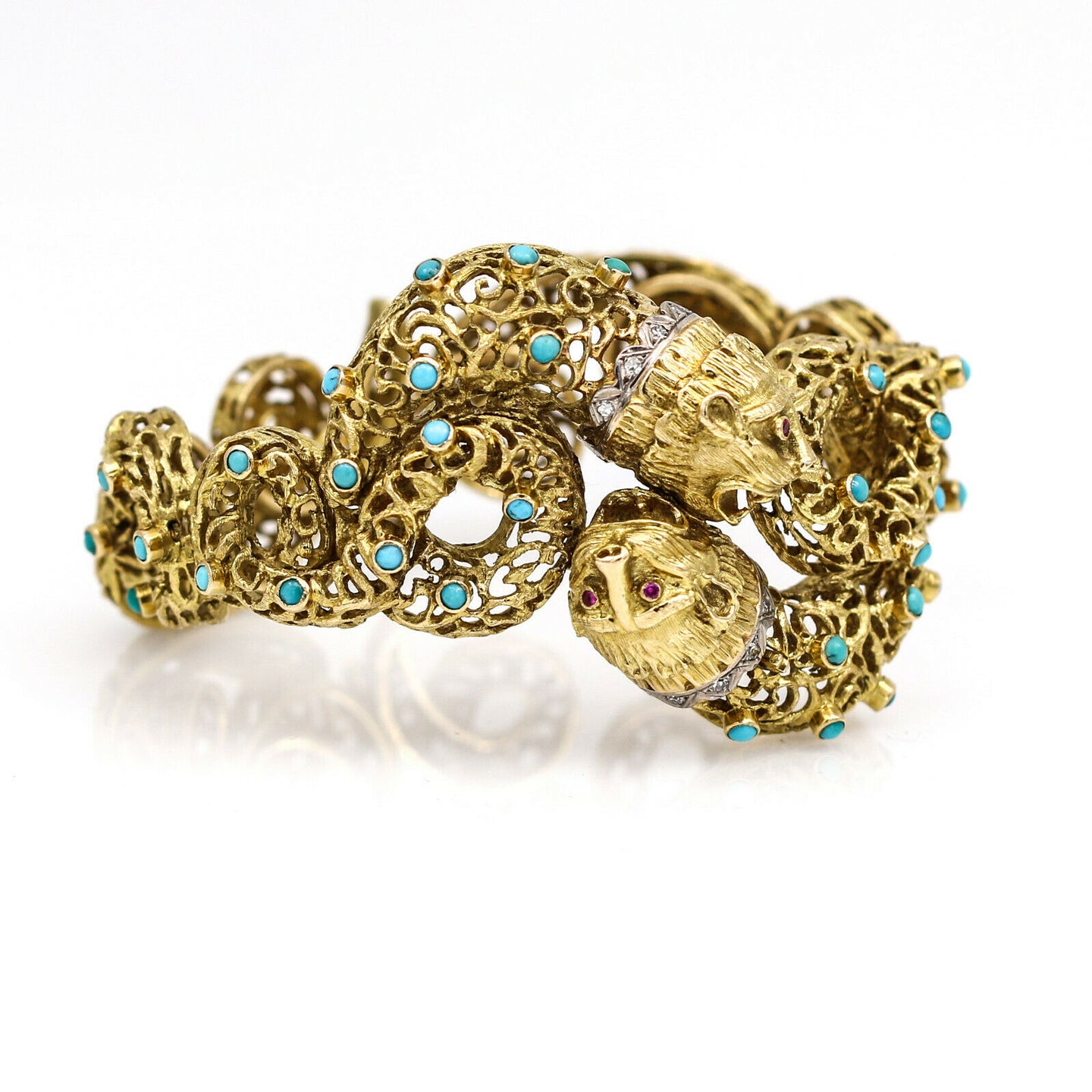 Vintage Greek Demiurge Lions Head Bracelet in 18k Yellow Gold with Turquoise