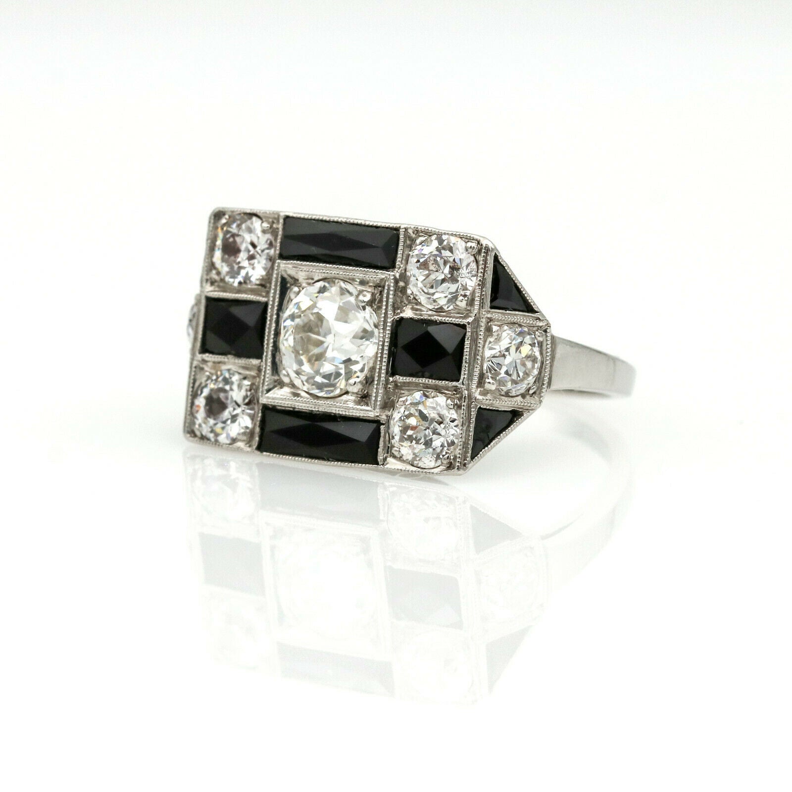 Art Deco Diamond Onyx Checkerboard Cocktail Ring in Platinum ( 3.20 ct tw )