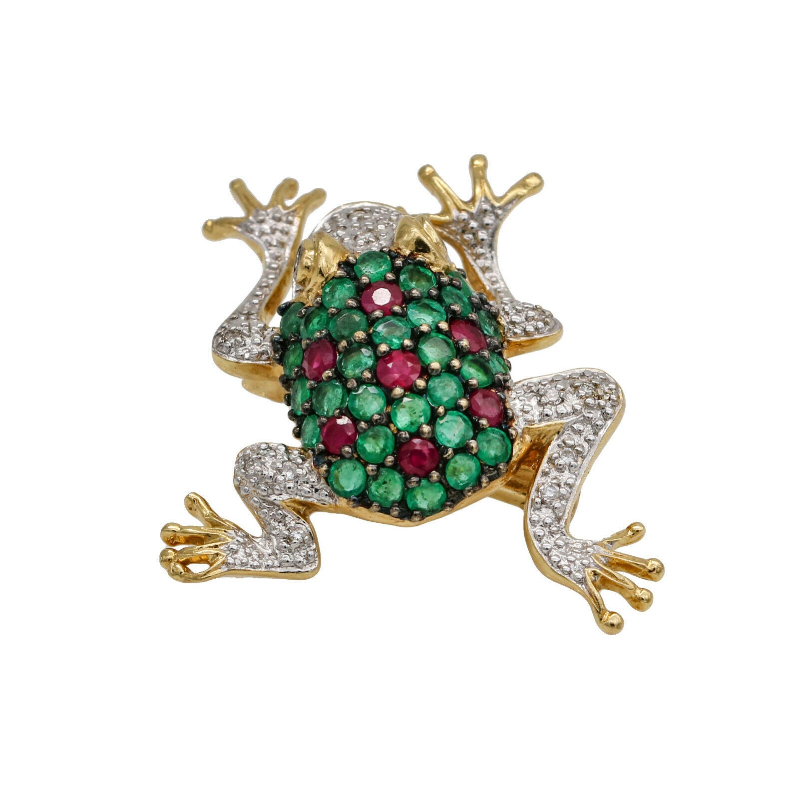 Emerald Ruby and Diamond Frog Brooch in 18k Yellow Gold