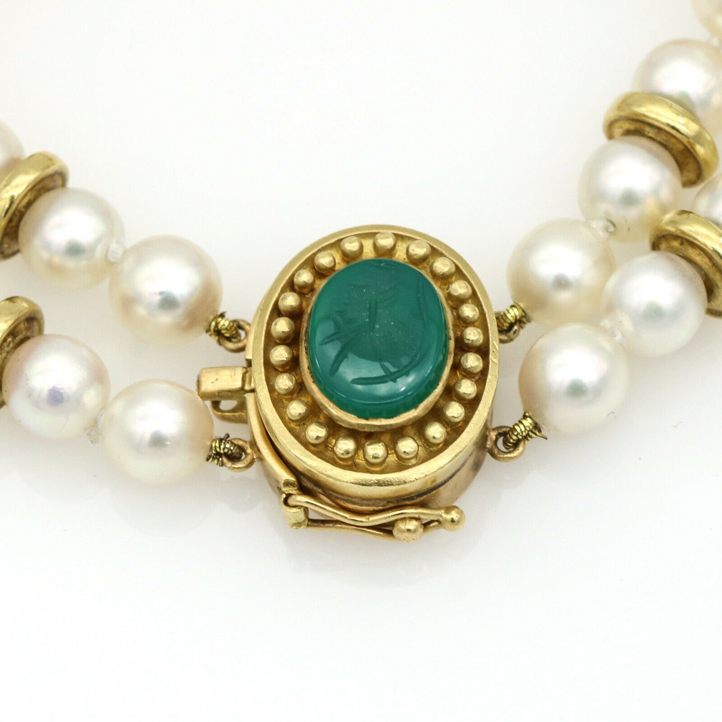 Green Onyx Intaglio Double Strand Pearl Bracelet in 18k Yellow Gold