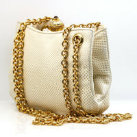 Judith Leiber Vintage White Lizard Skin Shoulder Bag with Gold Chain and Tiger E