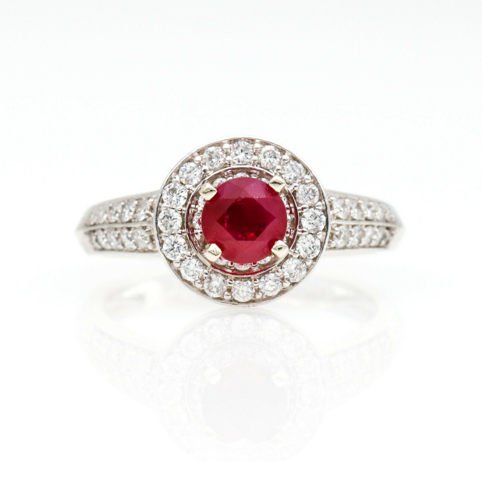 1,50 ct Ruby and Diamond Halo Engagement Ring in 14k White Gold