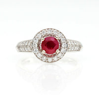 1,50 ct Ruby and Diamond Halo Engagement Ring in 14k White Gold