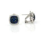 Women's Blue Sapphire and Diamond Cushion Stud Earrings in 18k White Gold
