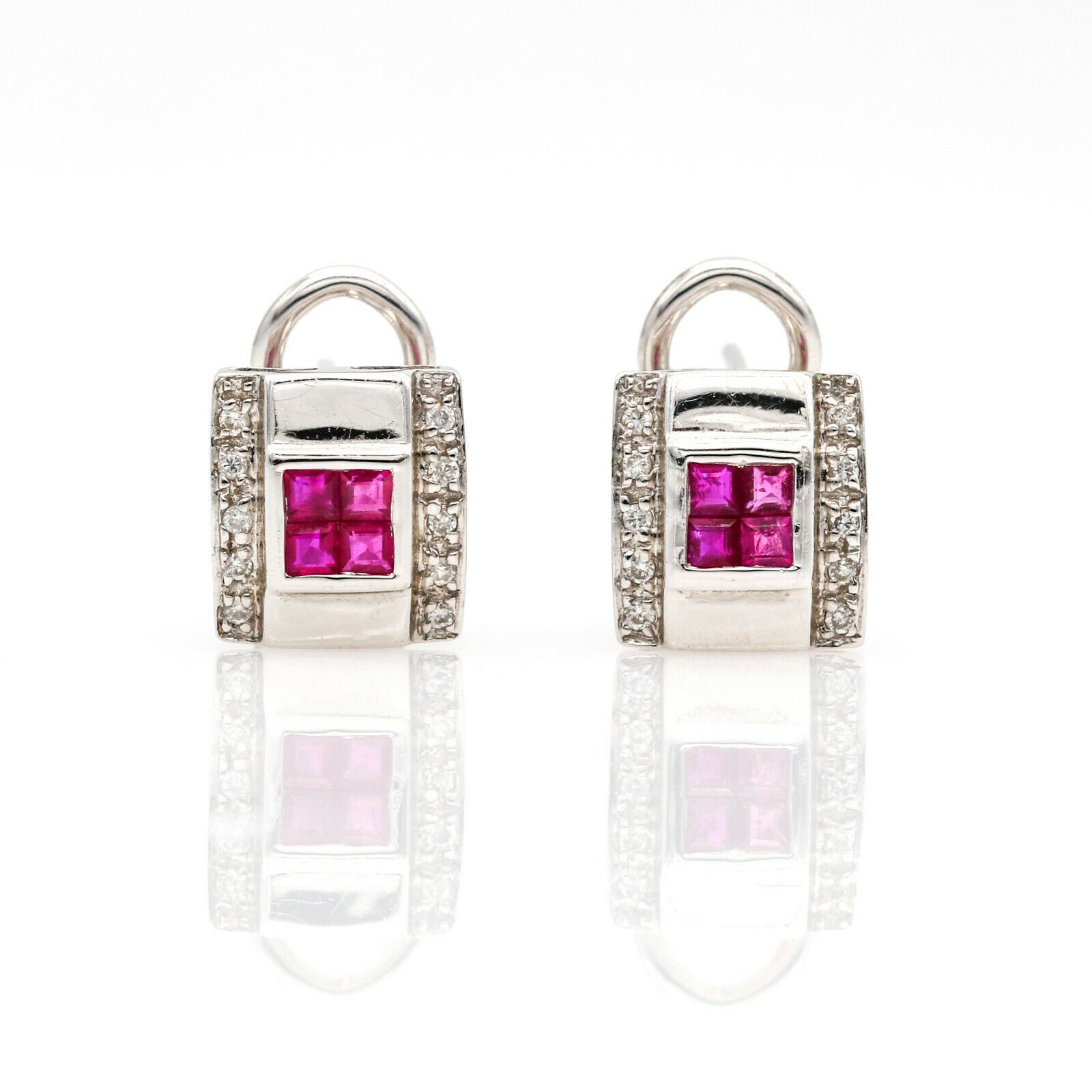 1.00 ct Ruby and Diamond Rectangular Stud Earrings in 14k White Gold