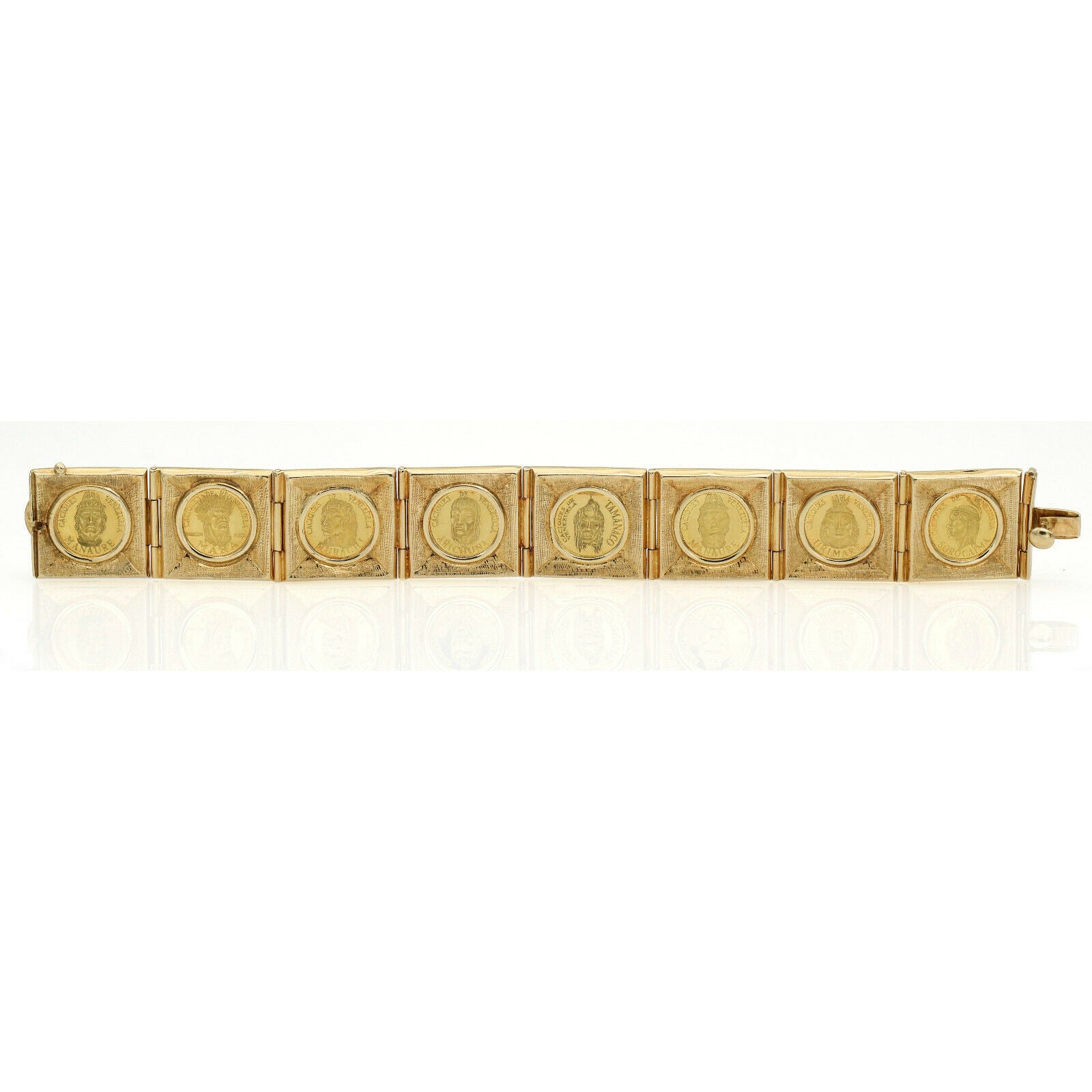 1950s Venezuelan Cacique Coins Link Bracelet in 18k 24k Yellow Gold